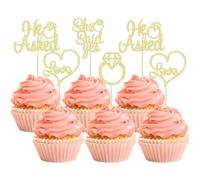 12 Pcs He Asked She Said Yes Cupcake Toppers, Glitter Diamond Ring Heart Love Cake Picks Suitable for Wedding Engagement Bridal Shower Theme Party Cake Decorations Supplies - Gold