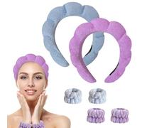 12 PCS Headband&Wristband Set,Bow Makeup Headband for Washing Face,Soft Makeup Skin Hair for,Bubble Make Up Sleepover Party Supplies(White Pink Blue Purple)