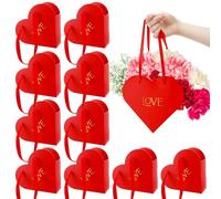 12 Pcs Heart Shaped Flowers Boxes Valentine Bouquet Storage Bucket Valentine's Day Floral Boxes for Arrangements Paper Floral Bag with Handle Basket Handbag for Florist Bridal Shower(Red)