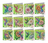 12 PCS Hummingbird Diamond Art Painting Greeting Cards with Envelopes, Flower Craft DIY Card Making Kits for Beginner Adults Gifting Holiday Blessing (Hummingbird)