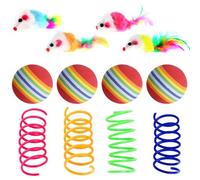 12 Pcs Interactive Cat Toys, Wee Kitten Mice Toys with Feather Tail, Realistic Toy, Colourful Cat Spring, Rainbow Striped Sponge Balls, Sports Chase Training Toys for Playing Chewing Exercise Hunting