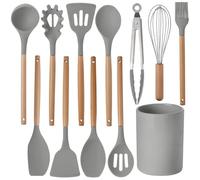12 Pcs Kitchen Utensil Set, Silicone Cooking Utensils Set with Wooden Handle, Heat Resistant, Nonstick Cookware Tongs Spatula Spoon Set with Storage Bucket for Home, Camping, Dishwasher Safe (Grey)