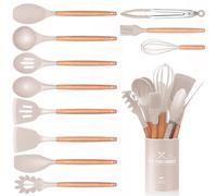 12 PCS Kitchen Utensil Set, Silicone Cooking Utensils with Holder, Natural Wooden Handle Cookware Tongs Spatula Spoon Set, Non Stick & Heat Resistant, Dishwasher Safe (Khaki)