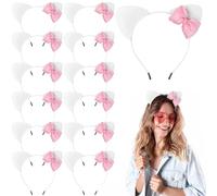 12 Pcs Kitten Cat Ears Headbands Pink Bow Kitty Birthday Decoration for Party Favor Backdrop Kitten Bow Hair Costume(Pink)