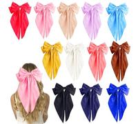 12 PCS Large Hair Bows for Women Girls Cute Ribbon Bow Hair Clips with Long Tails, Big Silky Satin Bows for Hair, Vintage Hair Accessories for Girls Women