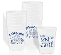 12 Pcs Last Sail Before The Veil Plastic Cups,16oz Nautical Bachelorette Bridal Shower Party Cup,Nautical Sailor Cruise Voyage Bachelorette Bridal Shower Engagement Party Cups Supplies White Blue