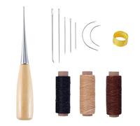 12 Pcs Leather Sewing Kit with 12m Waxed Thread - Upholstery Needles, Cord Drilling Awl & Thimble for Leather Repair, Canvas Stitching, Bookbinding and DIY Crafts