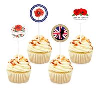 12 Pcs Lest We Forget Poppy Flower Cupcake Toppers - Red Poppies Remembrance Day Cake Decorations, Armistice Day Memorabilia Always Remember and Honor Military