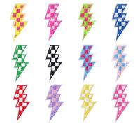 12 Pcs Lightning Bolt Iron on Patch,Lightning Bolt Patch Checkered Sew on/Iron on Patches for Hats Clothes Trucker Jacket Denim Jeans Shirt Decoration (Colorful)