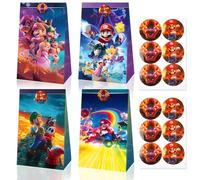 12 Pcs Mari Party Bags for Kids, Paper Gift Bags with 12 Stickers, Candy Goodie Treat Bags for Birthday
