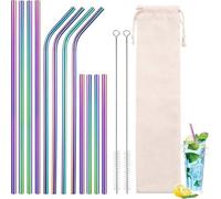 12 Pcs Metal Drinking Straws, 21/20.5/15cm Reusable Metal Straws, Stainless Steel Straw Set with 2 Cleaning Brushes and Storage Bag, Straight and Bent Coloured, for Juice, Cocktail, Drink