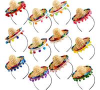 12 Pcs Mexican Sombrero headband Mexican Fiesta Party Headband with Ball Fringe Cinco De Mayo Sombrero Hat Headband for Mexican Decor Luau Fiesta Party Photo Props