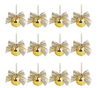 12 Pcs Mirror Disco Balls,Mini Disco Balls with Ribbon Bow for Christmas Tree Decor,Newest Christmas Baubles for XMAS Holidays Party New Year Wedding Decor(Gold)