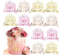 12 Pcs Mother's Day Cake Toppers Flower Cupcake Toppers Acrylic Disc Mirror Floral Side Cake Picks Decoration for Happy Mother's Day Mom's Birthday Party Supplies