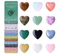 12 Pcs Natural Healing Crystals, Heart Shaped Crystal Art, Worry Stones, Chakra Stones for Meditation, Spiritual Wellness, Thoughtful Present for Women Men, Gemstones Set with Meanings Cards