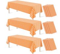12 Pcs Orange Gingham Tablecloth Decorations, Disposable Plastic Orange and White Checkered Tablecloth Buffalo Plaid Table Cover for Autumn Thanksgiving Birthday Party Supplies,54 x 108 Inch