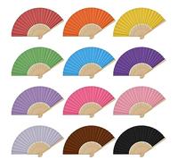 12 Pcs Paper Fans Coloured, Fan Handheld Folding, Chinese Fan Bamboo Small, 21x2.8x1cm, Hand Held Fans Bulk for Women, Foldable Wedding Fan for Guest Bride DIY Craft Wall Decorations Party Gifts (A)