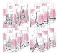 12 PCS Paris Eiffel Tower Gift Candy Bags for Spring Party, European City Landscape Treat Bags for Kid Boy Girl Baby Shower Birthday Wedding Supplies - Pink