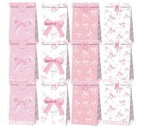 12 Pcs Pink Bow Kraft Favour Bags with Round Stickers - 22x12x8cm Party Favour Bags for Weddings, Birthdays, Christmas, Baby Birthday Parties