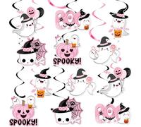 12 PCS Pink Halloween Hanging Swirl Decorations Litte Boo Ghost Foil Swirls Ceiling for Halloween Baby Shower Birthday Party Supplies Favors