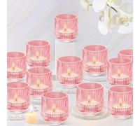 12 Pcs Pink Votive Candle Holders, 8 x 7 cm Ribbed Glass Tea Light Candle Holder Bulk, Vintage Tealight Candles Holder for Table Centerpiece Wedding Easter Brithday Party Home Décor