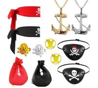 12 PCS Pirate Accessories Adult Set, Kids Pirate Costume Decorations with Pirate Eye Patch Pirate Bandana Earrings Necklace Ring Bag for Party Suplies