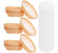 12 Pcs Plastic Oval Baskets, Woven Bread Serving Baskets with 50 Blotting Sheets, Poly-Wicker Food Fruit Snack Display Trays for Home Countertop Restaurant Cafe Bar