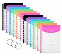 12 Pcs Plastic Wallets A4 Punched Pockets, Plastic Document Files with Button,Tab Card, and Binders