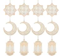 12 Pcs Ramadan Wooden Hanging Ornament with Ropes, Hollow Eid Mubarak Pendant Decoration, Moon Star Wind Light Shape for Eid Mubarak Diy Decoration