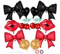 12 Pcs Red and Black Foil Balloon Kit, Red Lip Cherry Bow Black Heart Leopard Print Balloons, Red and Cheetah Balloons for Women's Birthday Party, Baby Shower, Bachelorette Party