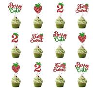 12 Pcs Red Glitter "2" Strawberry Cupcake Toppers - "Berry Cute" "Two Sweet" Picks for 2nd Birthday Party, Anniversary, Summer Celebrations, Cakes & Desserts