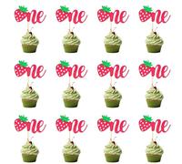 12 Pcs Red Glitter "One" with Strawberry Cupcake Toppers - 1st Birthday Party Decoration, First Anniversary Dessert Picks, Berry Sweet Celebrations for Cakes & Appetizers