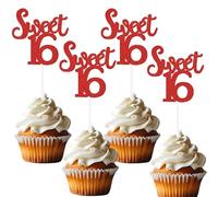 12 Pcs Red Glitter Sweet 16 Cupcake Topper 16th Birthday Cupcake Toppers Sixteen Years Old Cupcake Decoration 16th Cake Decor for Kids, Wedding, Anniversary Party Decorations