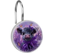 12 PCS Round Crystal Glass Decorative Shower Curtain Hooks, Purple Calf and Lavender Rust Proof Metal Shower Curtain Rings, Stainless Steel Shower Hooks for Bathroom Decor