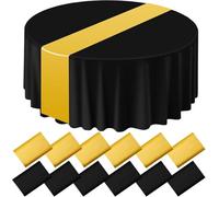 12 Pcs Round Plastic Tablecloth and Satin Table Runner, 84" Plastic Tablecloths 12 x 108'' Runners Set, Black and Gold Disposable Tablecloth, Table Cover for Wedding Bridal Shower Birthday Party