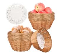 12 Pcs Round Small Plastic Bread Basket, Wicker Basket for Serving 7x7x3 Inch Woven Food Storage Basket, Fruit Basket, Gift Basket (Comes with Food Blotting Sheets) Brown