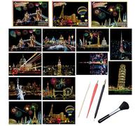12 Pcs Scratch Art Paper, Rainbow City Landmarks Scratchboard DIY Sketch Art Craft with 4 Tool Set for Adult and Kids Painting Sketch
