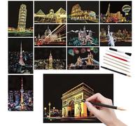 12 Pcs Scratch Art Paper Rainbow Scratch Paper with Scratching Tools Kit World Famous City Landmarks Scratch Art for Adults and Kids(A5 Size)