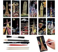 12 Pcs Scratch Art, Scratch Art for Adults, Adult Scratch Art Scratch Art for Kids, Etch Art of World Famous City Landmarks Scratch Art Set for Adult and Kids with 6 Tools (A5 Size)