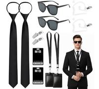 12 Pcs Secret Agent Costume Kit for Men - Spy Disguise Accessory Set with Sunglasses, Earpieces, ID Cards, Ties & Clips for Halloween & Fancy Dress