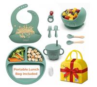 12 Pcs Silicone Baby Weaning Set with Portable Lunch Bag - BPA-Free Strong Suction Divided Plate, Bowl, Sippy Cup, Baby Spoon, Fork, Bib w/Catcher-Microwave & Dishwasher Safe Baby Plates and Bowls Set