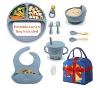 12 Pcs Silicone Baby Weaning Set with Portable Lunch Bag - BPA-Free Strong Suction Divided Plate, Bowl, Sippy Cup, Baby Spoon, Fork, Bib w/Catcher-Microwave & Dishwasher Safe Baby Plates and Bowls Set