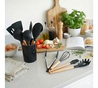 12 PCS Silicone Cooking Utensils Set with Wooden Handle, Heat Resistant,This Set of 12 Essential kitchen Tools Includes slotted turner, solid turner, deep soup ladle, egg whisk, food tong, baking brus