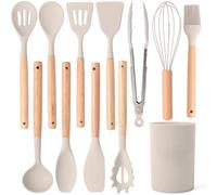 12 Pcs Silicone Kitchen Utensil Set with Wooden Handles - Heat Resistant Non Stick Cooking Tools Including Tongs, Spatulas, Spoons, with Holder for Home and Camping, Dishwasher Safe (A)