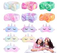 12 Pcs Sleepover Party Favors, Bow Headbands and Animal Sleep Eye Covers Set, Soft Plush Face Washing Spa Headbands for Women Girls, Pajama Sleepover Spa Party Supplies