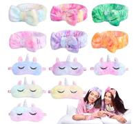 12 Pcs Sleepover Party Set, Cute Bow Headbands & Animal Eye Masks, Plush Spa Headbands & Masks For Women & Girls Pajama Parties