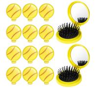 12 Pcs Softball Mini Detangler Brush, Folding Mirror Hair Brushes, Mini Travel Hair Brush, No Tangle Soft Flexible Bristles for Straight, Curly, Thick Hair for Softball Team Gift Sport Party