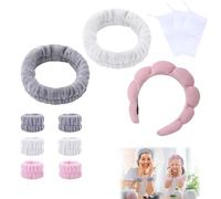 12 Pcs Spa Set, Soft Puffy Makeup Headband with Wristbands & Bubble Nets, Face Wash Headband, Elastic Terry Cloth Hairband for Yoga, Sports, Shower, Girls Women Gift
