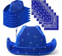 12 Pcs Sparkly Adults Cowboy Hat for Women Men Western Glitter Cowgirl Hats with Adjustable Drawstring Cowboy Party Bandana, Sapphire Blue, 14.96 x 13.39 x 4.53 inches