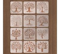 12 Pcs Stencils for Crafts Reusable，Tree Stencils，Tree of Life Stencil for Painting with Round Ring Natural Plants Stencil for Painting DIY Art Crafts Scrapbook Wall Décor